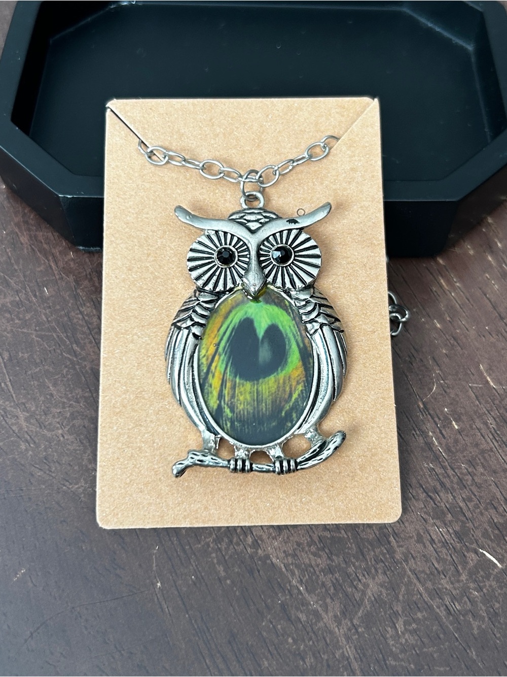 Silver-Tone Owl Pendant Necklace with Green Accent